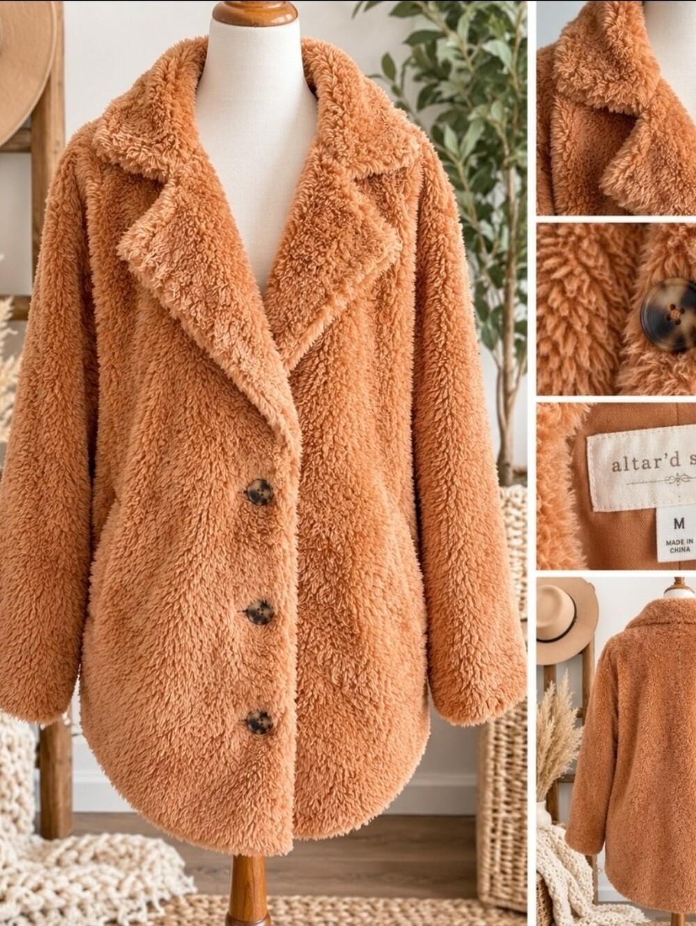 NWT Altar'd State Tan Brown Teddy Jacket Coat Size M